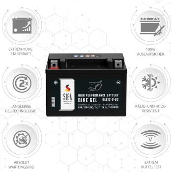 Preview: SIGA Bike Gel Motorrad Batterie YTX9-BS 9Ah 12V